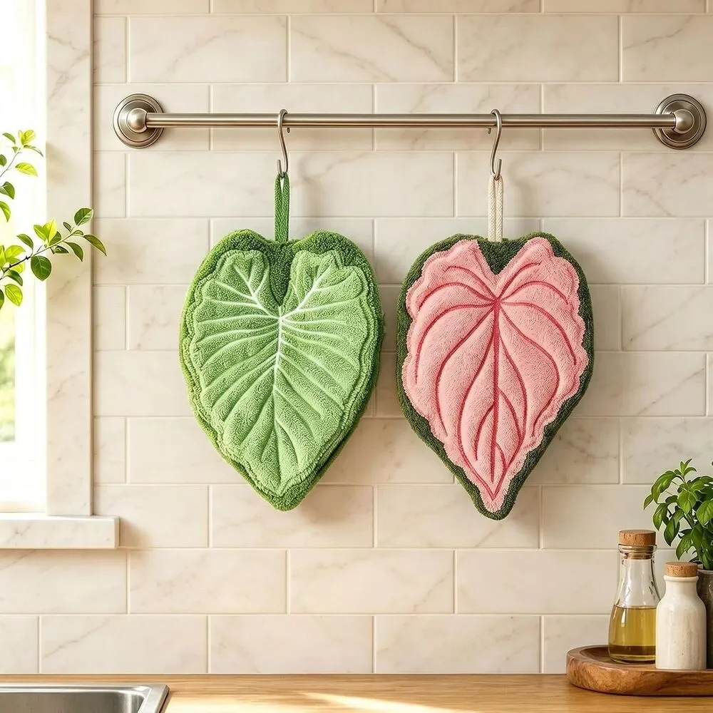 2 Pack Leaf Shape Kitchen Hand Towels Soft Absorbent Hanging Loop Bathroom